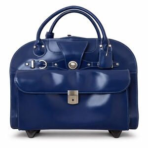 McKlein Edgebrook Navy Leather Rolling Briefcase Laptop Bag Lock Key